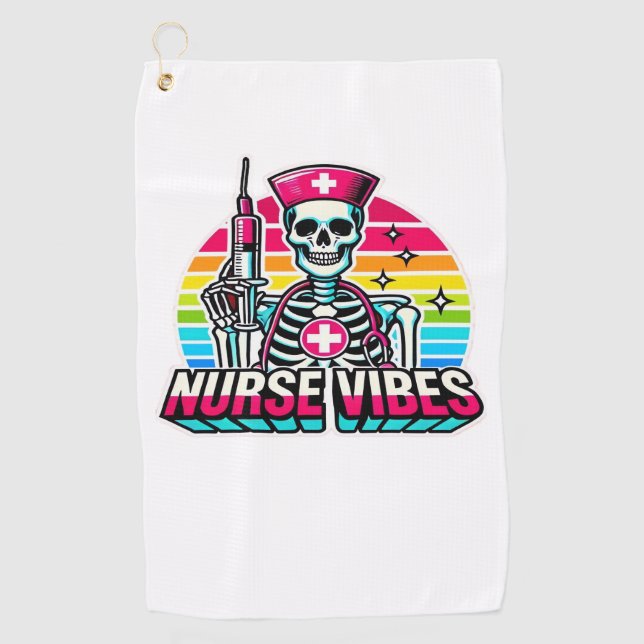 Retro Neon Skeleton Nurse – Funny Spooky Medical D Golf Towel (Front)