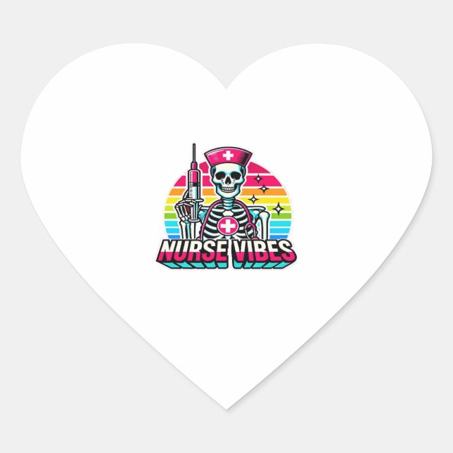 Retro Neon Skeleton Nurse � Funny Spooky Medical D Heart Sticker (Front)