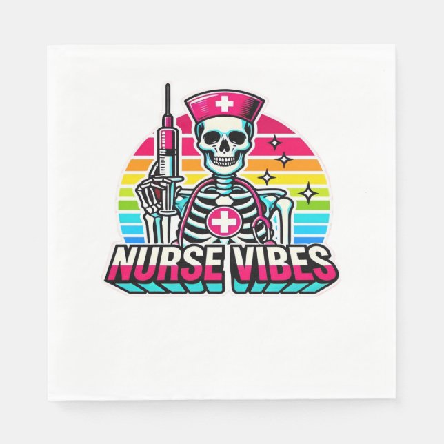 Retro Neon Skeleton Nurse – Funny Spooky Medical D Napkin (Front)