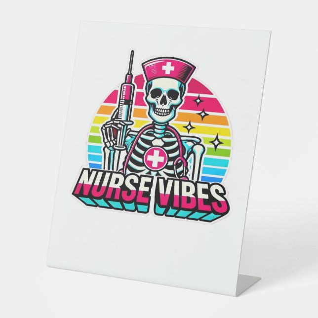 Retro Neon Skeleton Nurse – Funny Spooky Medical D Pedestal Sign (Front)