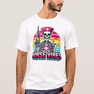 Retro Neon Skeleton Nurse � Funny Spooky Medical D T-Shirt