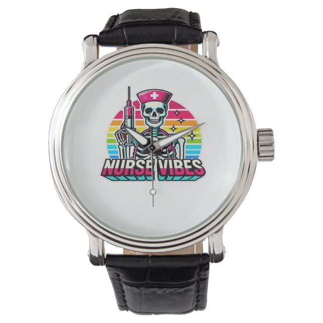 Retro Neon Skeleton Nurse – Funny Spooky Medical D Watch (Front)