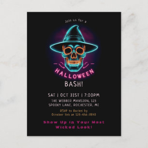 Retro neon skull halloween postcard