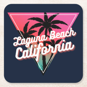Retro Neon Sunset Palm Trees Laguna Beach Square Paper Coaster