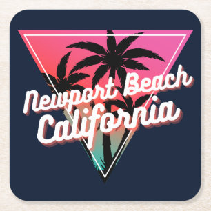 Retro Neon Sunset Palm Trees Newport Beach Square Paper Coaster