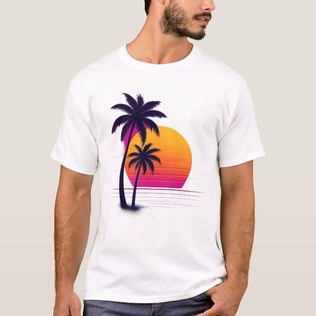 Retro Neon Sunset Palms T-Shirt (Front)
