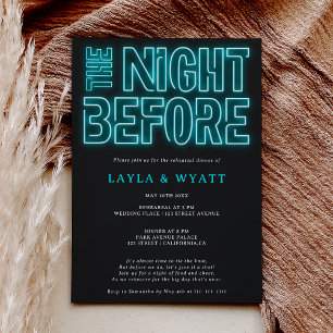 Retro neon teal night before rehearsal dinner invitation