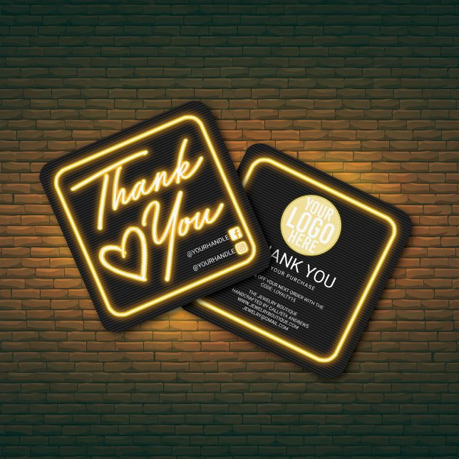 Retro Neon Yellow Lighted Sign Customer Thank You Square Business Card (Creator Uploaded)
