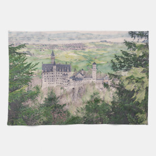Retro Neuschwanstein Castle in Germany Tea Towel