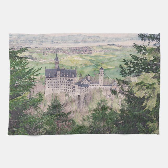Retro Neuschwanstein Castle in Germany Tea Towel (Horizontal)
