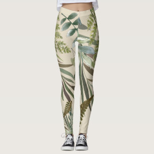 Retro Neutral Sage Floral Fern Botanical Foliage Leggings
