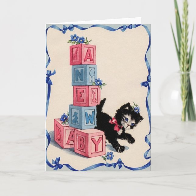 Retro New Baby Greeting Card With Kitten (Front)