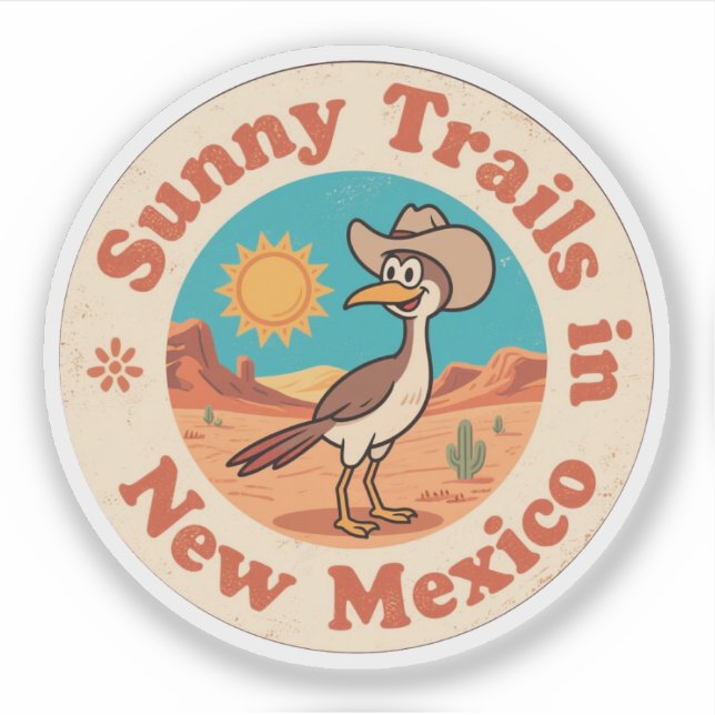 Retro New Mexico Badge_ Roadrunner with Rising Sun (Front)