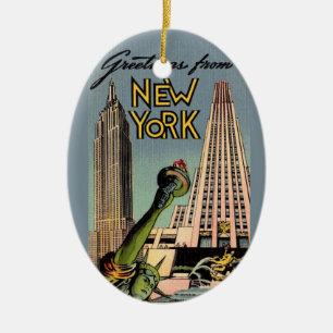 Retro New York City Greeting Ceramic Tree Decoration