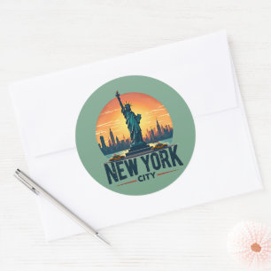 Retro New York City Skyline with Statue of Liberty Classic Round Sticker