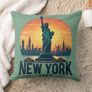 Retro New York City Skyline with Statue of Liberty Cushion