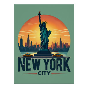 Retro New York City Skyline with Statue of Liberty Poster