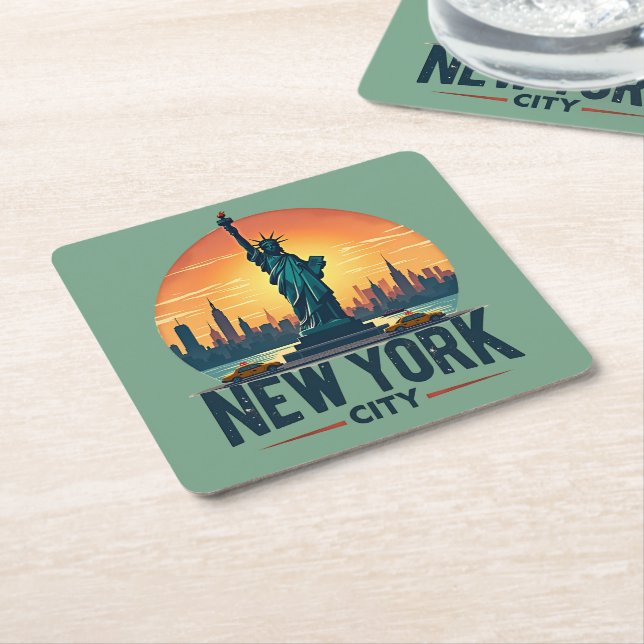 Retro New York City Skyline with Statue of Liberty Square Paper Coaster (Angled)