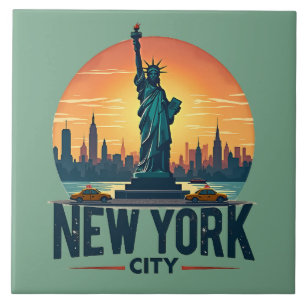 Retro New York City Skyline with Statue of Liberty Tile