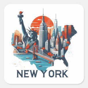 Retro New York Skyline Silhouette Square Sticker