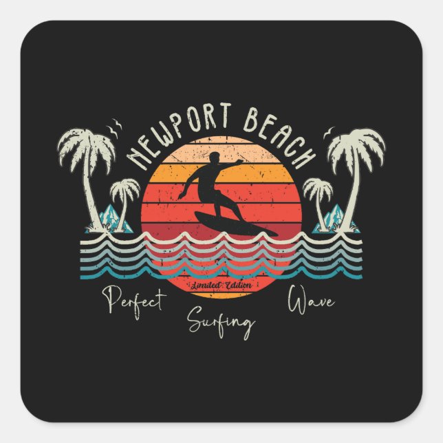 Retro Newport Beach Surfing  Square Sticker (Front)
