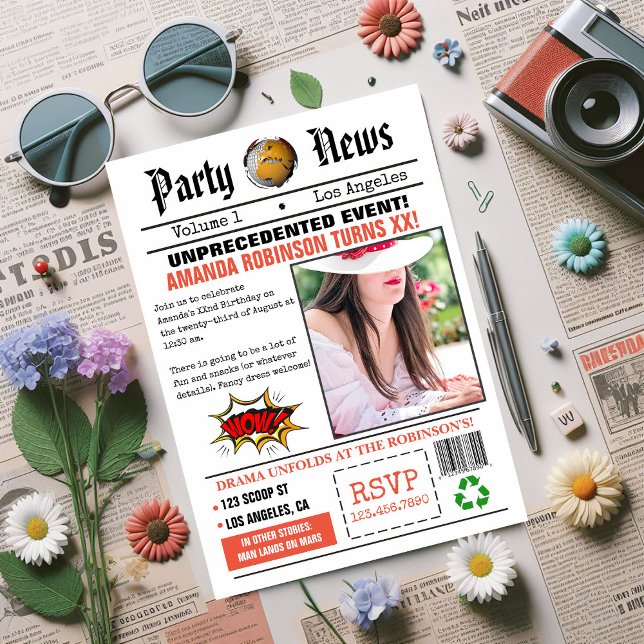 Retro Newspaper Birthday Party Invitation (Retro Newspaper Birthday Party invite)
