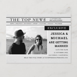 Retro Newspaper Black White Photo Save The Date Invitation Postcard