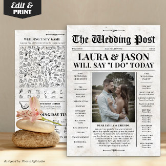 Retro Newspaper Wedding Program with Timeline Card