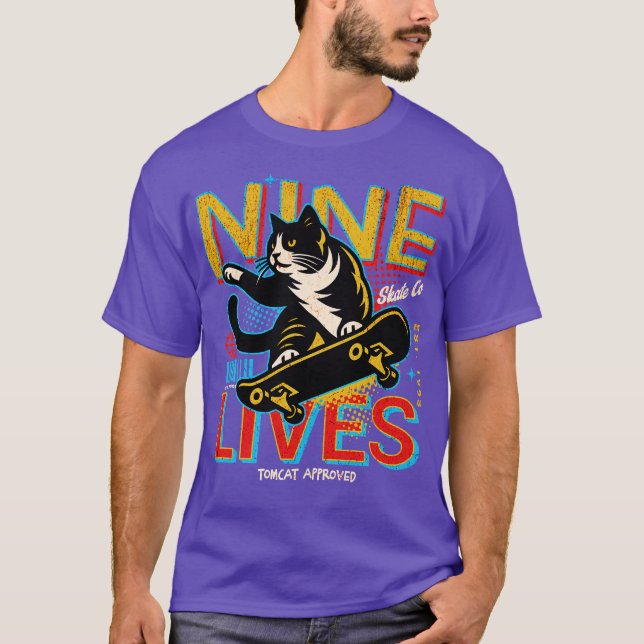 Retro Nine Lives Skate Co Funny Skateboarding Cat T-Shirt (Front)