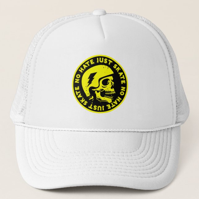 Retro no Hate Just Skate Skull Trucker Hat (Front)