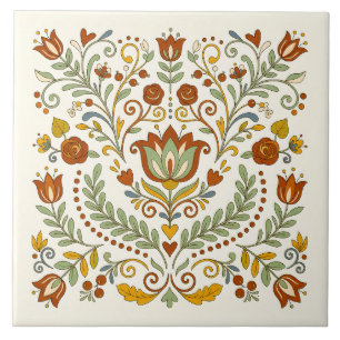 Retro Nordic Folk Art Tulip & Rose Tile