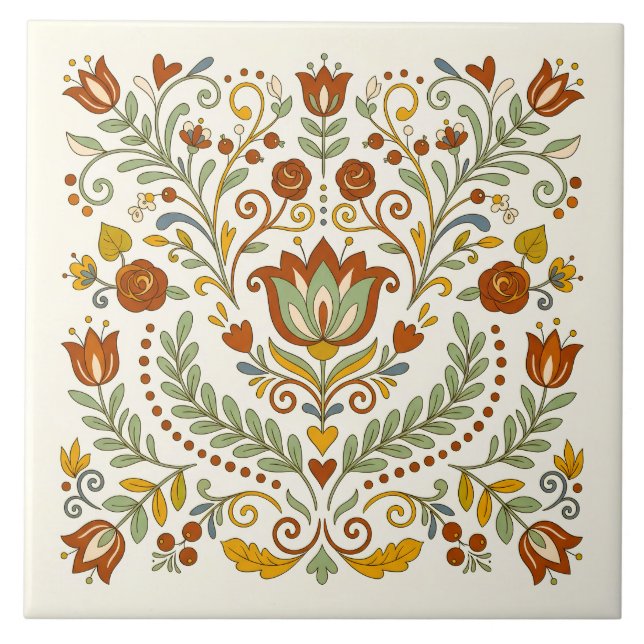 Retro Nordic Folk Art Tulip & Rose Tile (Front)