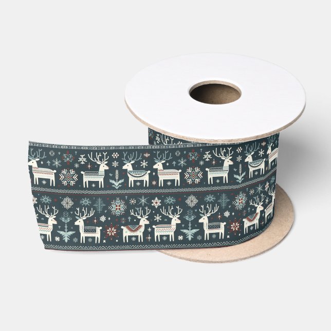 Retro Nordic Reindeer Pattern Satin Ribbon (Spool)
