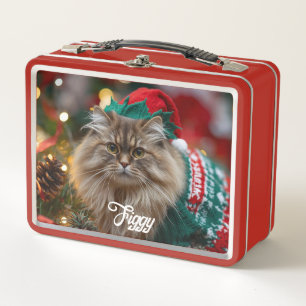 Retro Norwegian Forest Cat Christmas Personalised Metal Lunch Box
