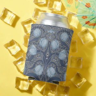 Retro Nouveau Tulips in blue and pewter Can Cooler