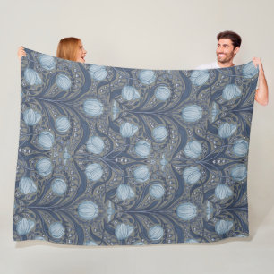 Retro Nouveau Tulips in blue and pewter Fleece Blanket