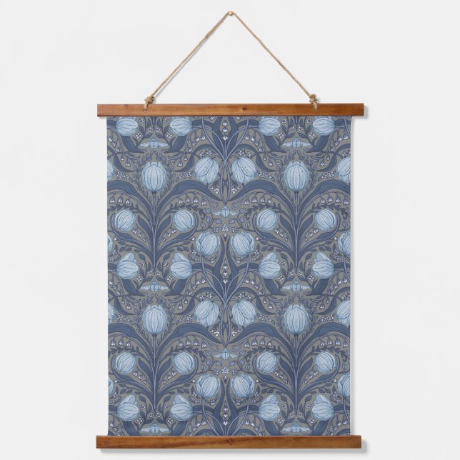 Retro Nouveau Tulips in blue and pewter Hanging Tapestry (Front)