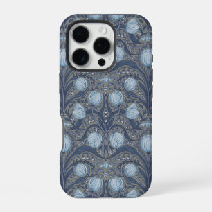 Retro Nouveau Tulips in blue and pewter iPhone 16 Pro Case