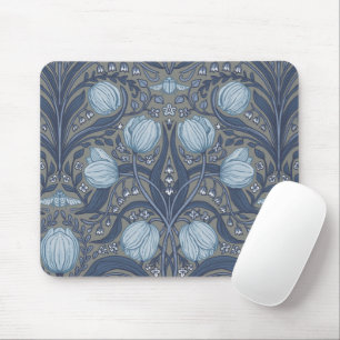 Retro Nouveau Tulips in blue and pewter Mouse Mat