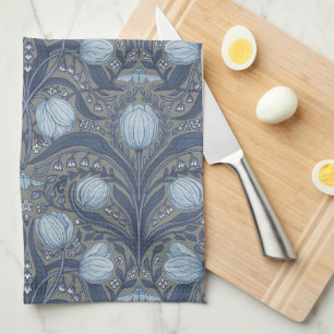 Retro Nouveau Tulips in blue and pewter Tea Towel