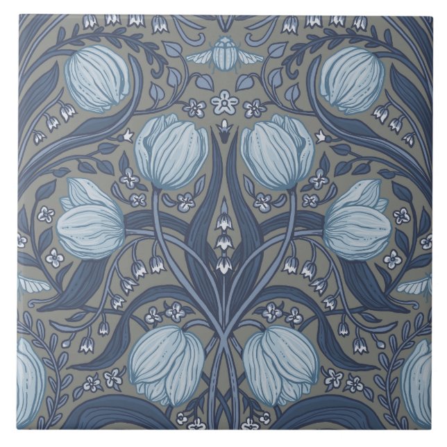Retro Nouveau Tulips in blue and pewter Tile (Front)