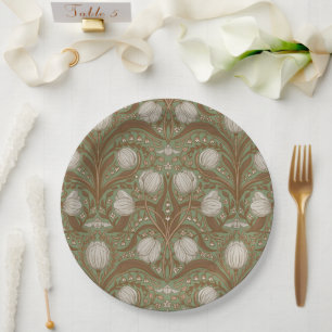 Retro Nouveau Tulips in orange and teal Paper Plate