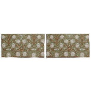 Retro Nouveau Tulips in sage and brown Pillowcase