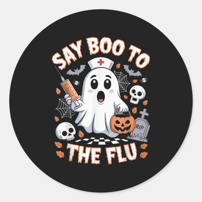 Retro Nurse Ghost Halloween Vaccine Say Boo To The Classic Round Sticker (Front)