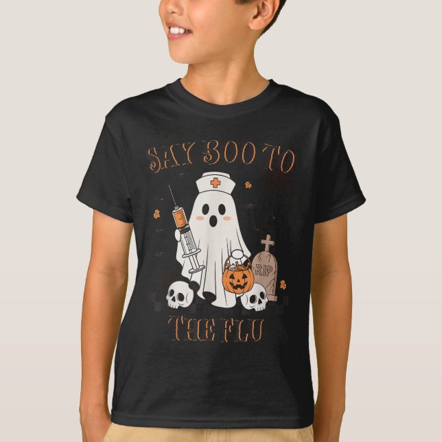 Retro Nurse Ghost Halloween Vaccine Say Boo To The T-Shirt (Front)