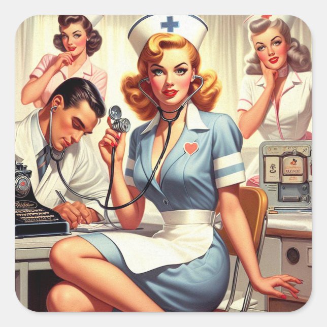 Retro Nurse Illustration Square Sticker (Front)