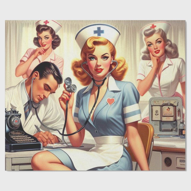 Retro Nurse Illustration Wrapping Paper (Flat)