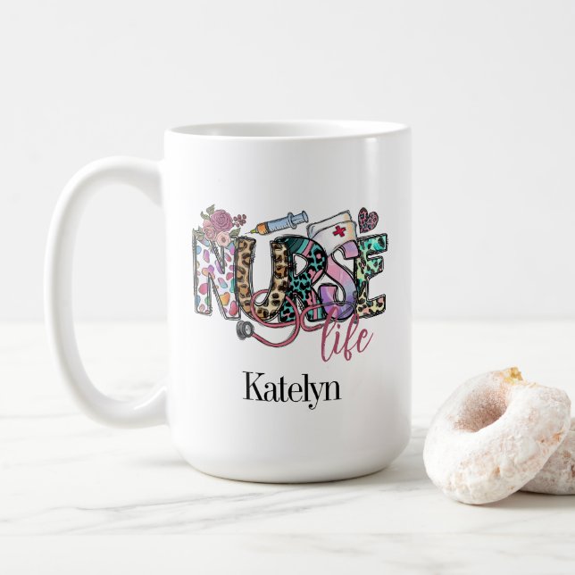 Retro Nurse Life Typography Personalised Mug  (With Donut)
