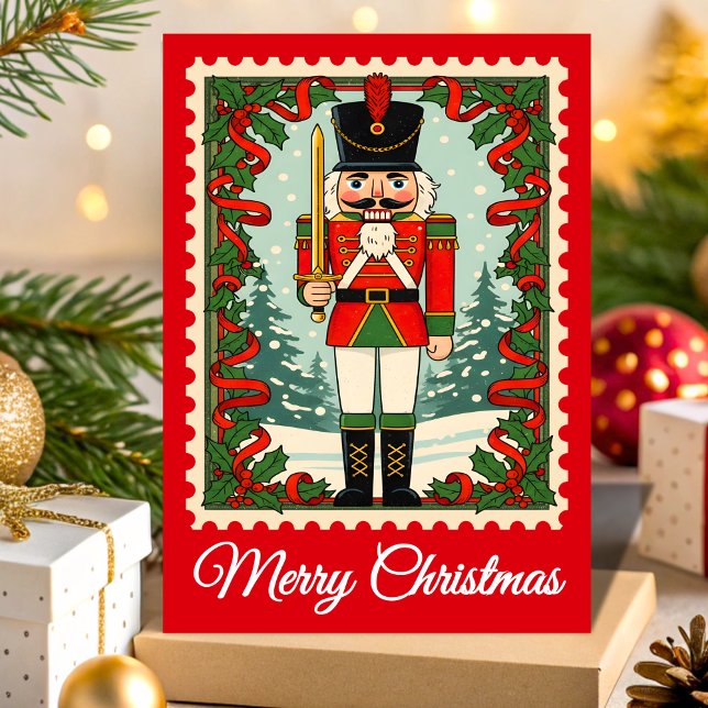 Retro Nutcracker  Christmas Postage Stamp Holiday Card (Creator Uploaded)