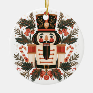 Retro Nutcracker with Candy Canes and Greenery Ceramic Tree Decoration